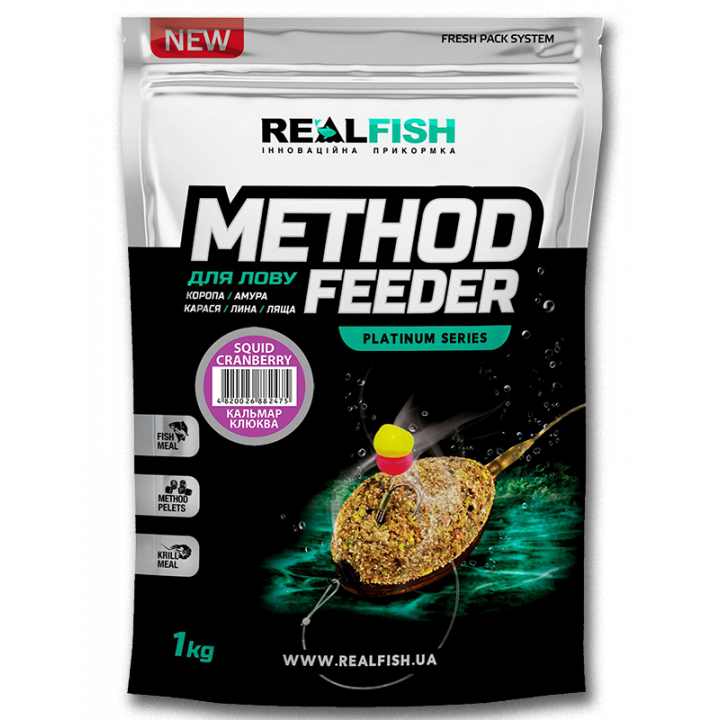 Підгодовування Real Fish Premium Series Method Feeder Squid Cranberry Кальмар Журавлина 0.8kg