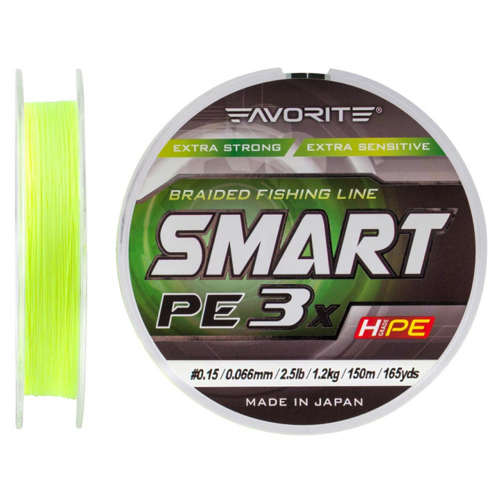 Шнур Favorite Smart PE 3x 150м (fl.yellow) #0.15/0.066mm 2.5lb/1.2kg