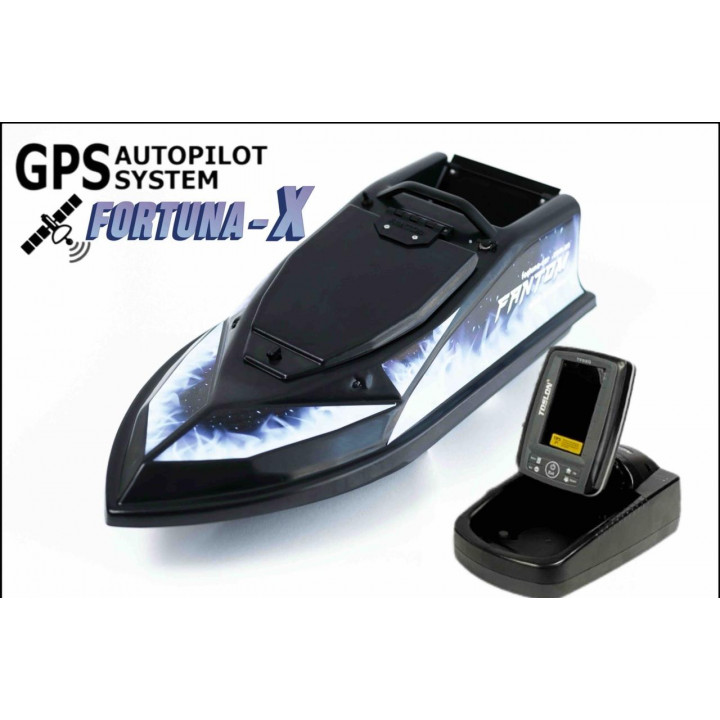 Кораблик для прикормки Фантом Модерн з ехолотом Toslon520 та GPS автопілотом Fortuna X Чорний з блакитними наклейками