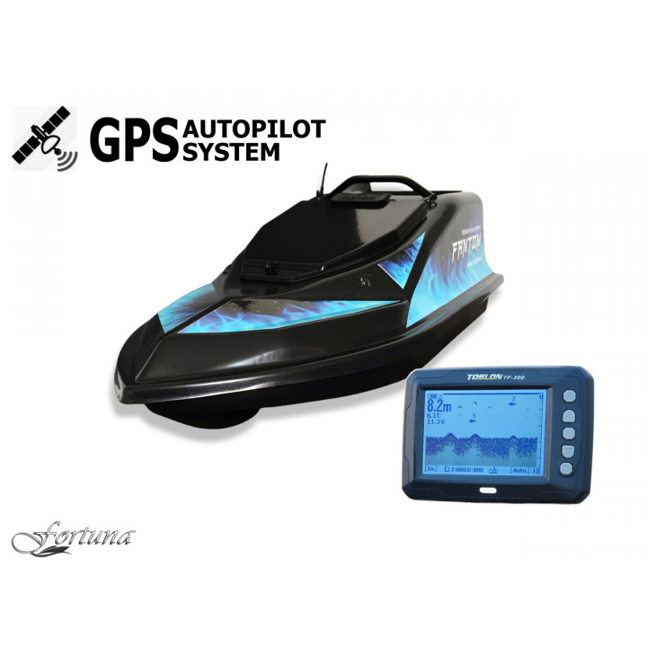Кораблик для прикормки Фантом Модерн з ехолотом Toslon TF300 та GPS автопілотом (V3_6+1) Чорний з блакитними наклейками