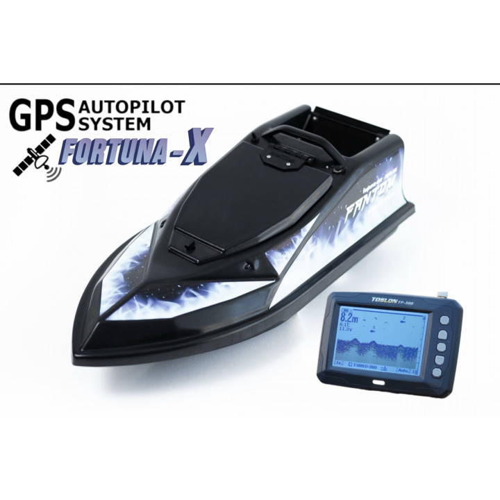 Кораблик для прикормки Фантом Модерн з ехолотом Toslon300 та GPS автопілотом Fortuna X Чорний з блакитними наклейками