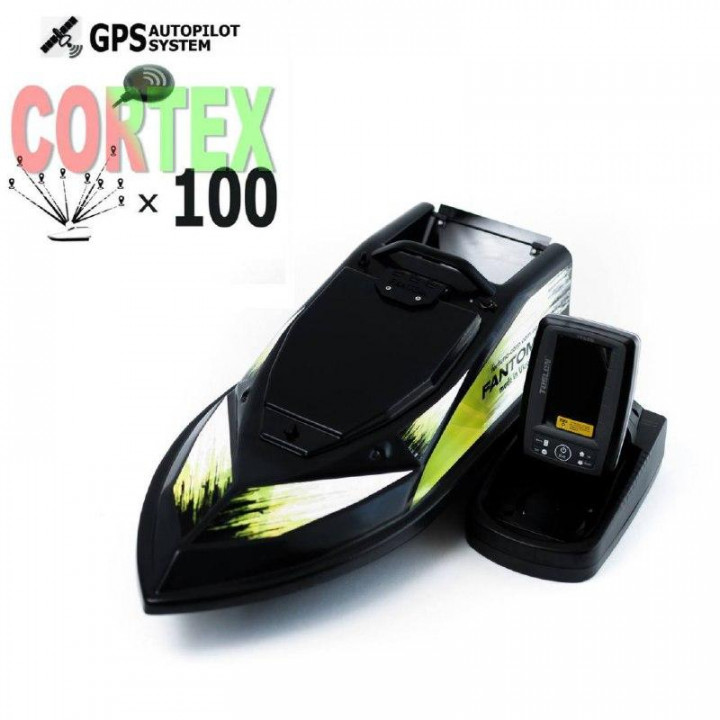 Кораблик для прикормки Фантом Модерн с эхолотом Toslon520 и GPS автопилотом (Maxi Cortex) Черный с салатовыми
