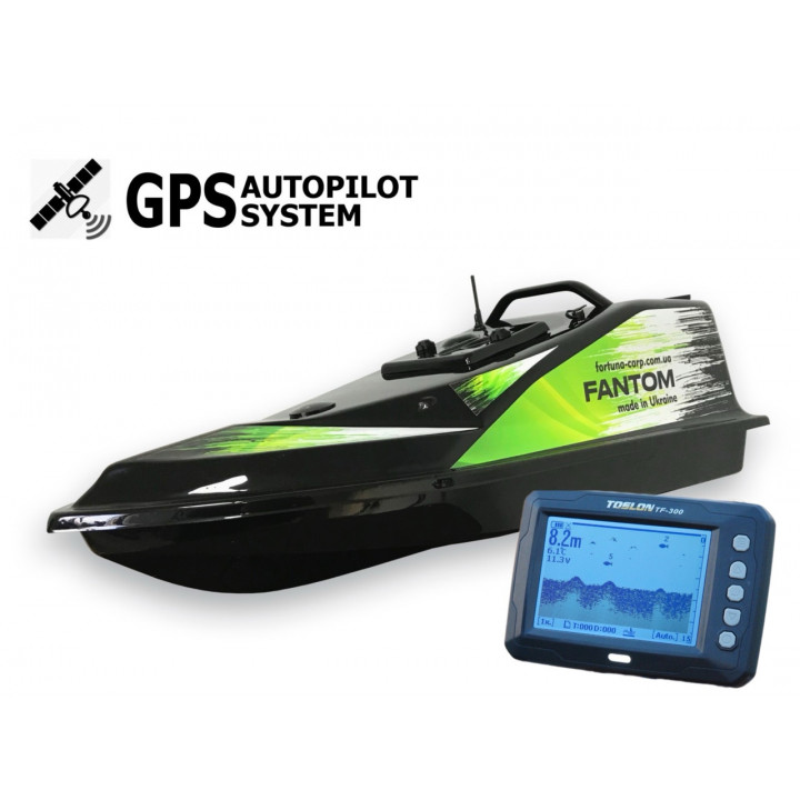 Кораблик для прикормки Фантом Модерн з ехолотом Toslon300 та GPS автопілотом (V3_9+1) Чорний з зеленими наклейками