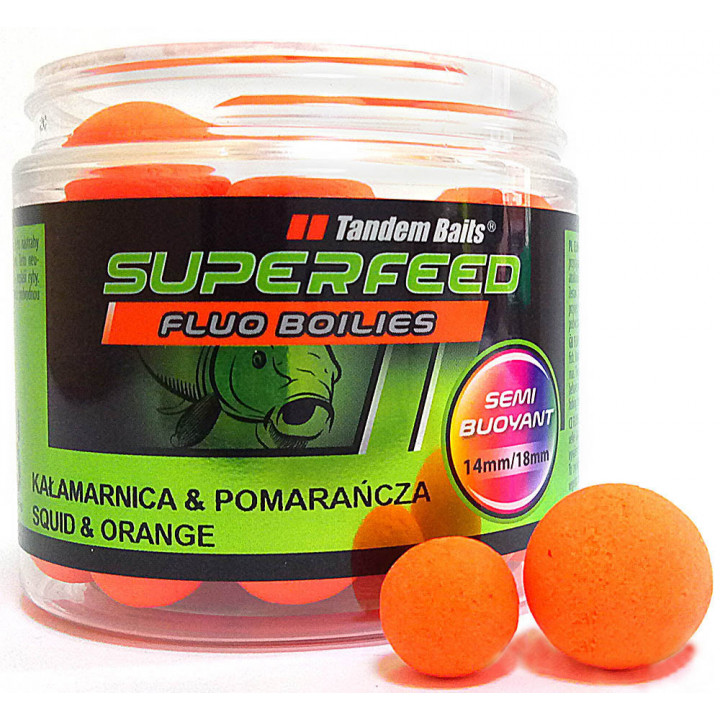 Бойли Tandem Baits SF Fluo Semi Buoyant Boilies 14mm/18mm Mix 90g Squid & Orange