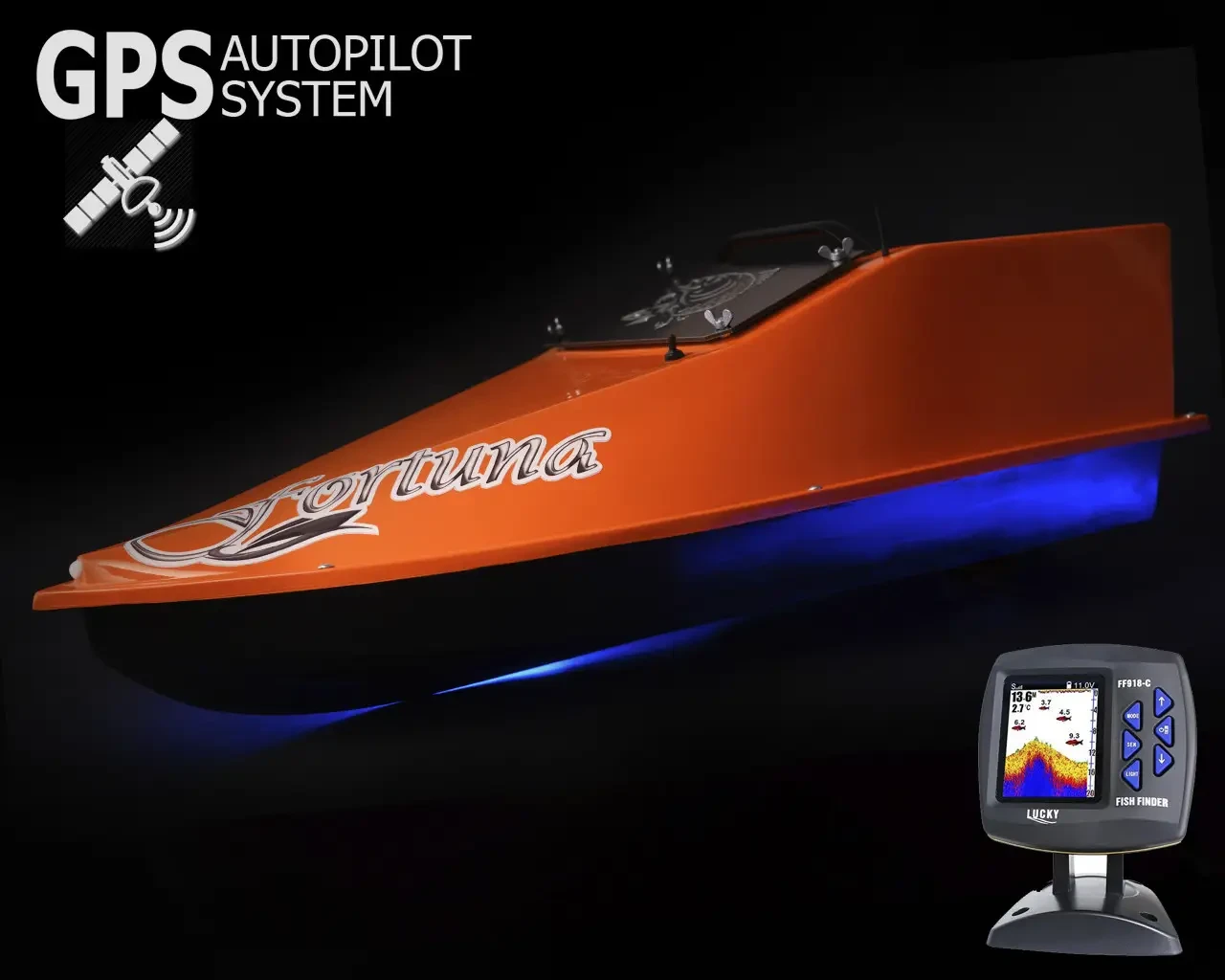 Кораблик для прикормки Фортуна (34000 mAh) с GPS автопилотом (V3_9+1) и Эхолотом Lucky 918 Оранжевый