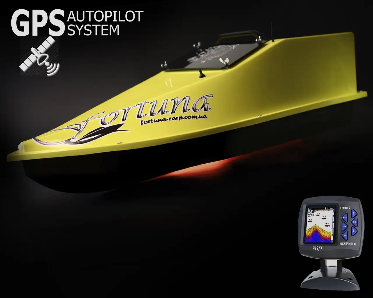 Кораблик для прикормки Фортуна (34000 mAh) с GPS автопилотом (V3_3+1) и Ехолотом Lucky 918 Желтый