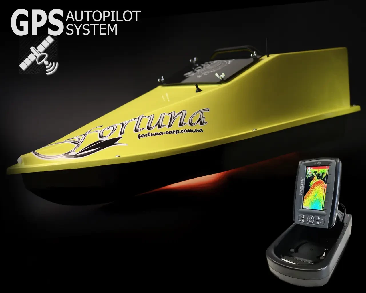 GPS (3+1_Cortex), Эхолот Toslon TF520, Профессиональный кораблик Фортуна (15000 mAh) Желтый